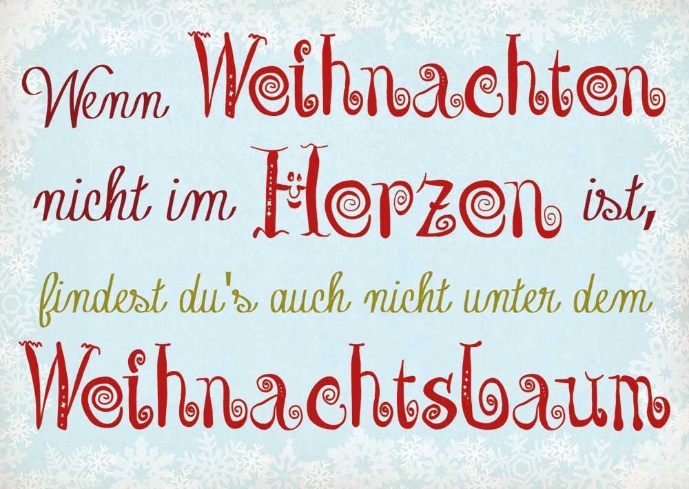 Weihnachtspostkarte mit Herzen & Baum - Rote & Weiße Schneeflocken, Besinnlicher Spruch für Festliche Wärme