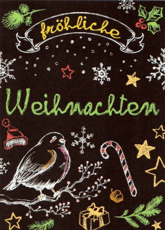 Weihnachtspostkarte mit Illustrationen: Frohe Festtage in Schwarz
