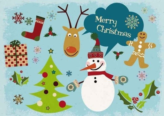 Weihnachtspostkarte mit nostalgischen Illustrationen in Blau: Frohe Weihnachten Grüße