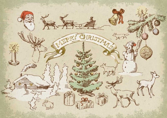 Weihnachtspostkarte mit nostalgischen Symbolen: Frohe Weihnachten im natürlichen Retro - Stil