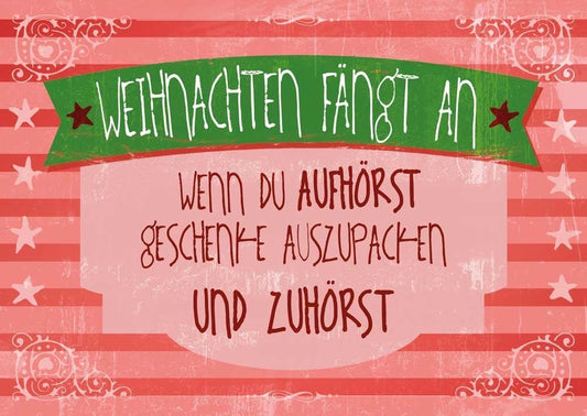Weihnachtspostkarte mit Vintage - Charme - Rotes Band, Grüne Sterne und Retro - Schrift für Familie & Freunde