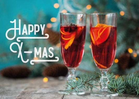 Weihnachtspostkarte mit zwei Glühweingläsern: Fröhliche Weihnachten II