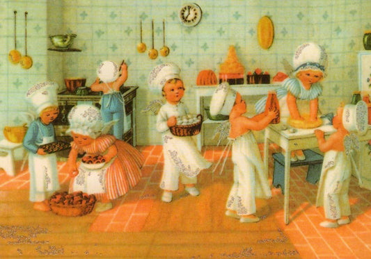 Weihnachtspostkarte Retro Kinderküche – Nostalgische Grüße zur Weihnachtszeit