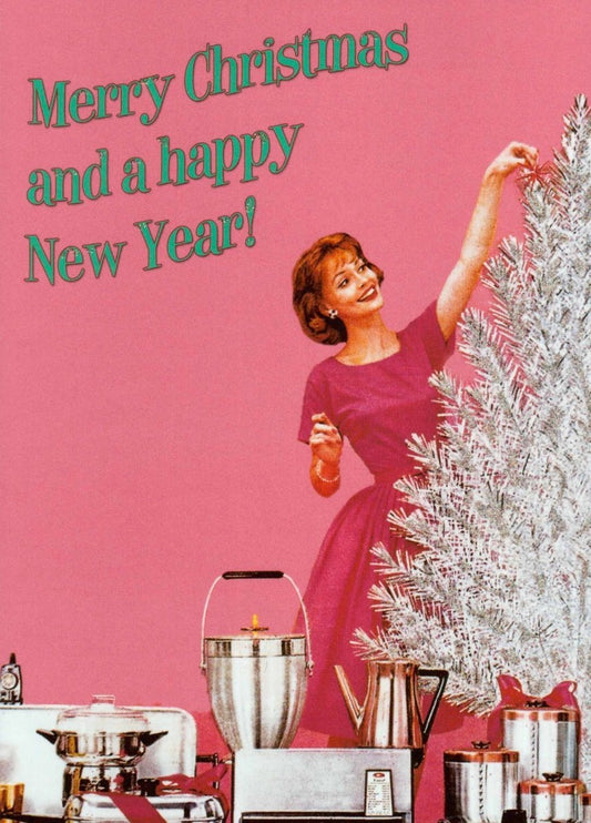 Weihnachtspostkarte Retro Stil - Nostalgische Frau in Pink