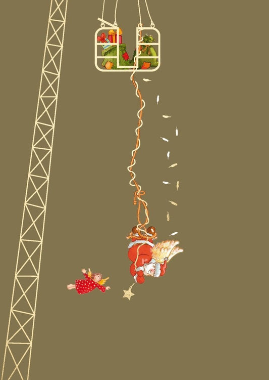 Weihnachtspostkarte: Santa als Bungee - Engel - Fröhliche Grüße zur Festzeit