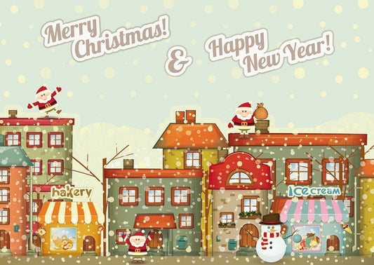 Weihnachtspostkarte: Santa & Schneemann vor Winterhäusern – Frohe Weihnachten & ein gutes neues Jahr