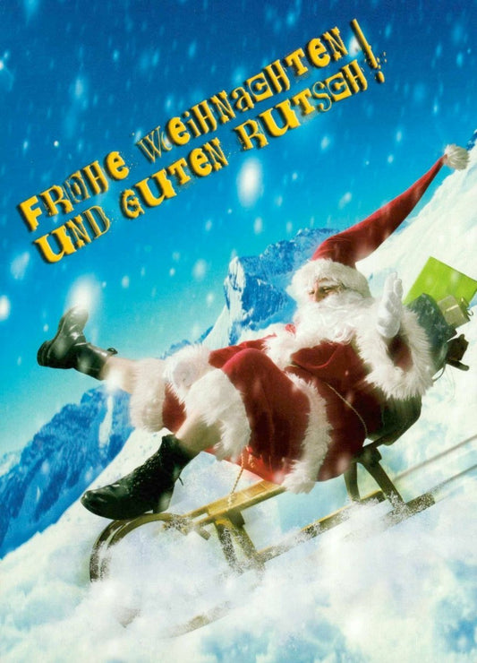Weihnachtspostkarte: Schlittenfahrt des Weihnachtsmanns durch verschneite Berglandschaft
