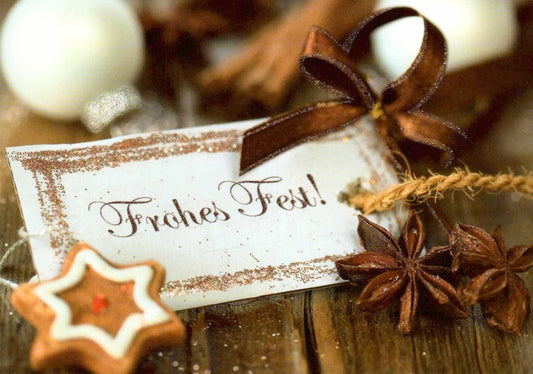 Weihnachtspostkarte - Vintage Braun & Gold mit Glitzer, Sternanis, Zimt und Lebkuchen für festliche Grüße