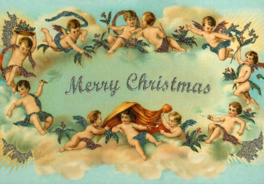 Weihnachtspostkarte Vintage Engel - Retro Merry Christmas Karte mit Goldschrift & glitzernden Verzierungen in Grün/Blau
