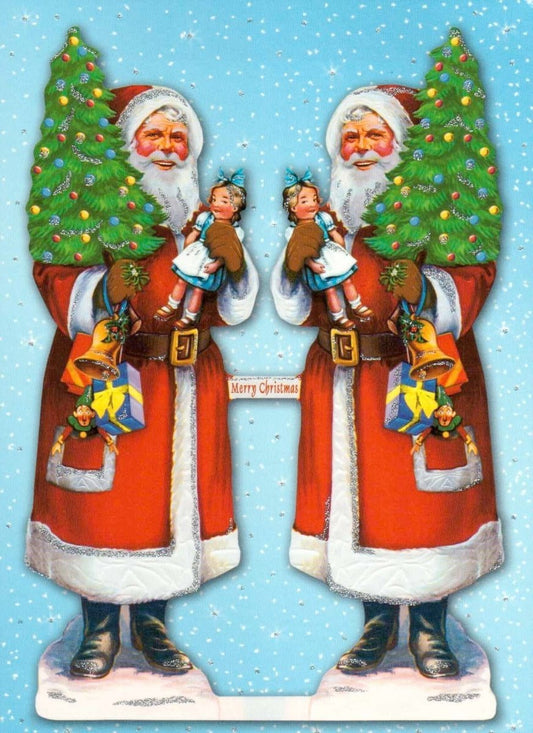 Weihnachtspostkarte - Vintage Weihnachtsmänner & Tannenbäume, Glitzernde Kinderkarte für Festtagsgrüße