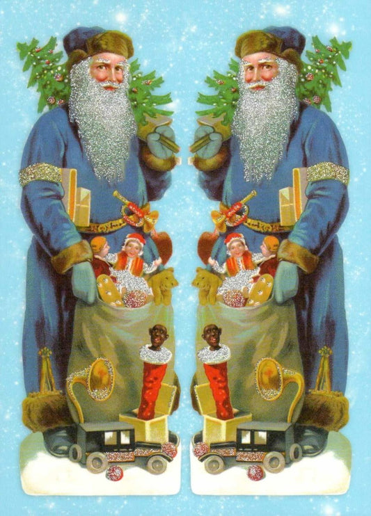 Weihnachtspostkarte: Weihnachtsmänner in Blau wünschen frohe Festtage