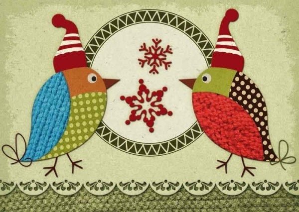 Weihnachtspostkarte: Zwei bezaubernde Vögel mit Mütze - Festliche Grüße senden