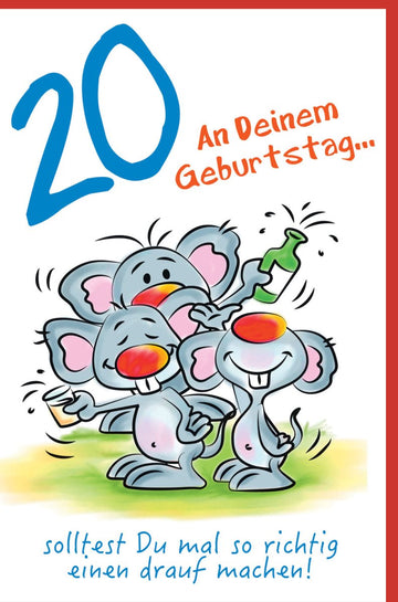 20. Geburtstag Karte - Humorvolle Mäuse - Cartoon Glückwunschkarte, Bunte Party - Illustration, Cheers Motiv für Jubiläumsfeier