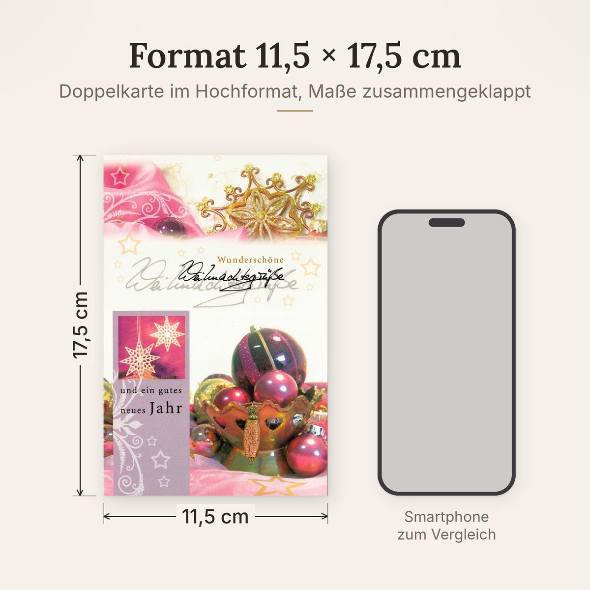 Doppelkarte im Format 11,5 x 17,5 cm, Größenvergleich mit Smartphone