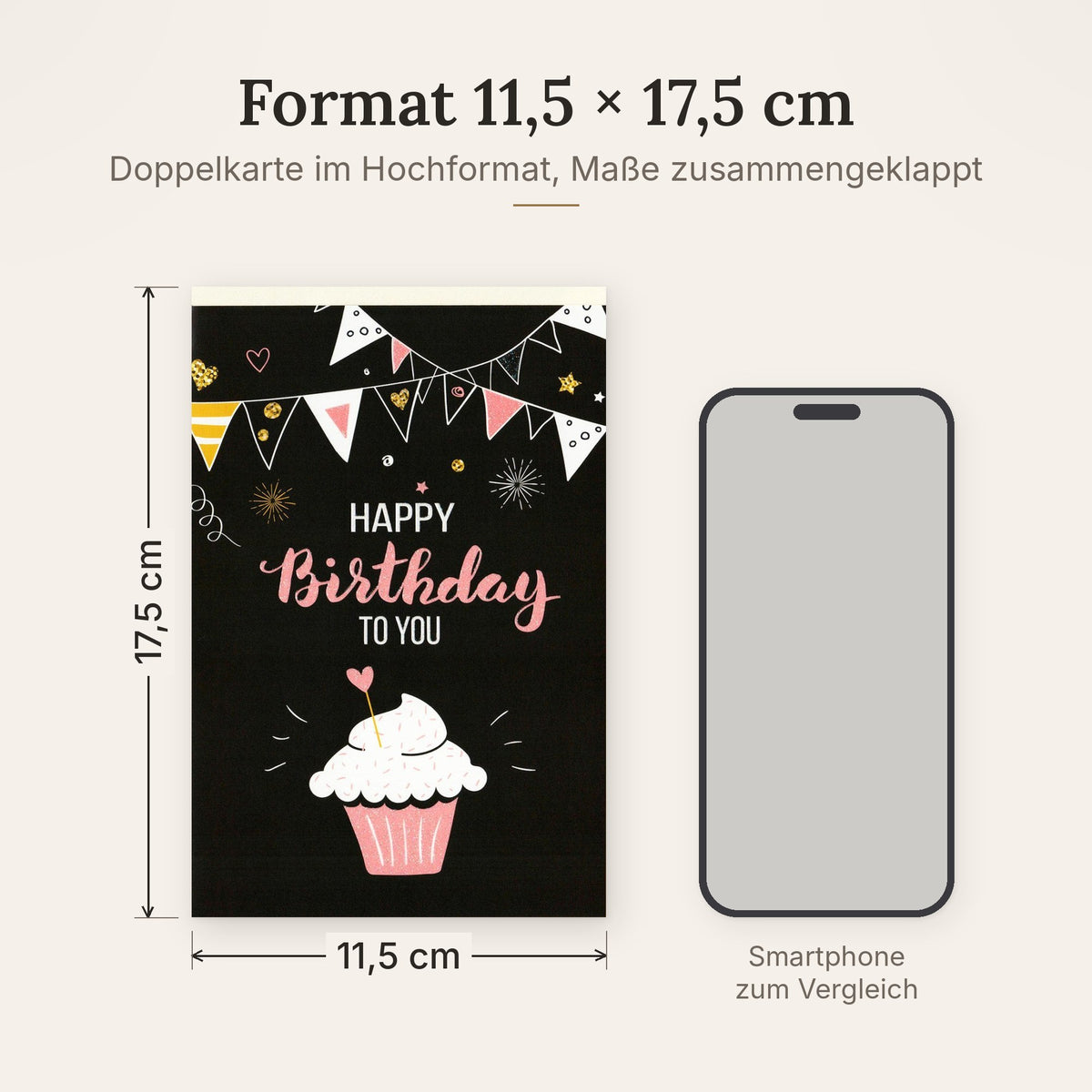 Doppelkarte im Format 11,5 x 17,5 cm, Größenvergleich mit Smartphone