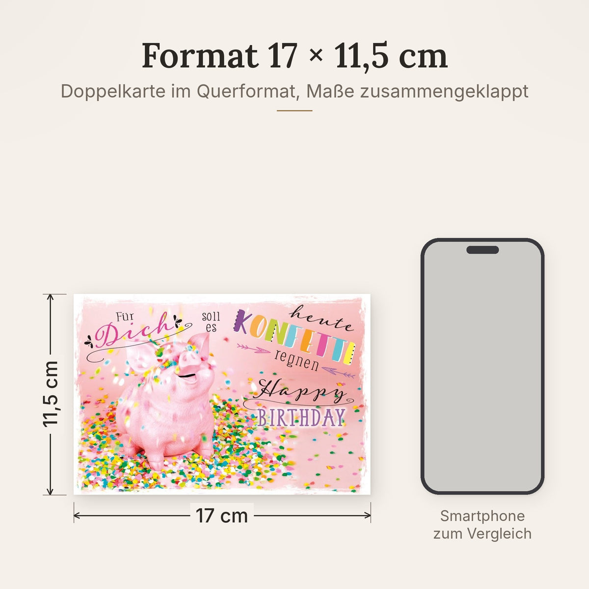 Doppelkarte im Format 17 x 11,5 cm, Größenvergleich mit Smartphone