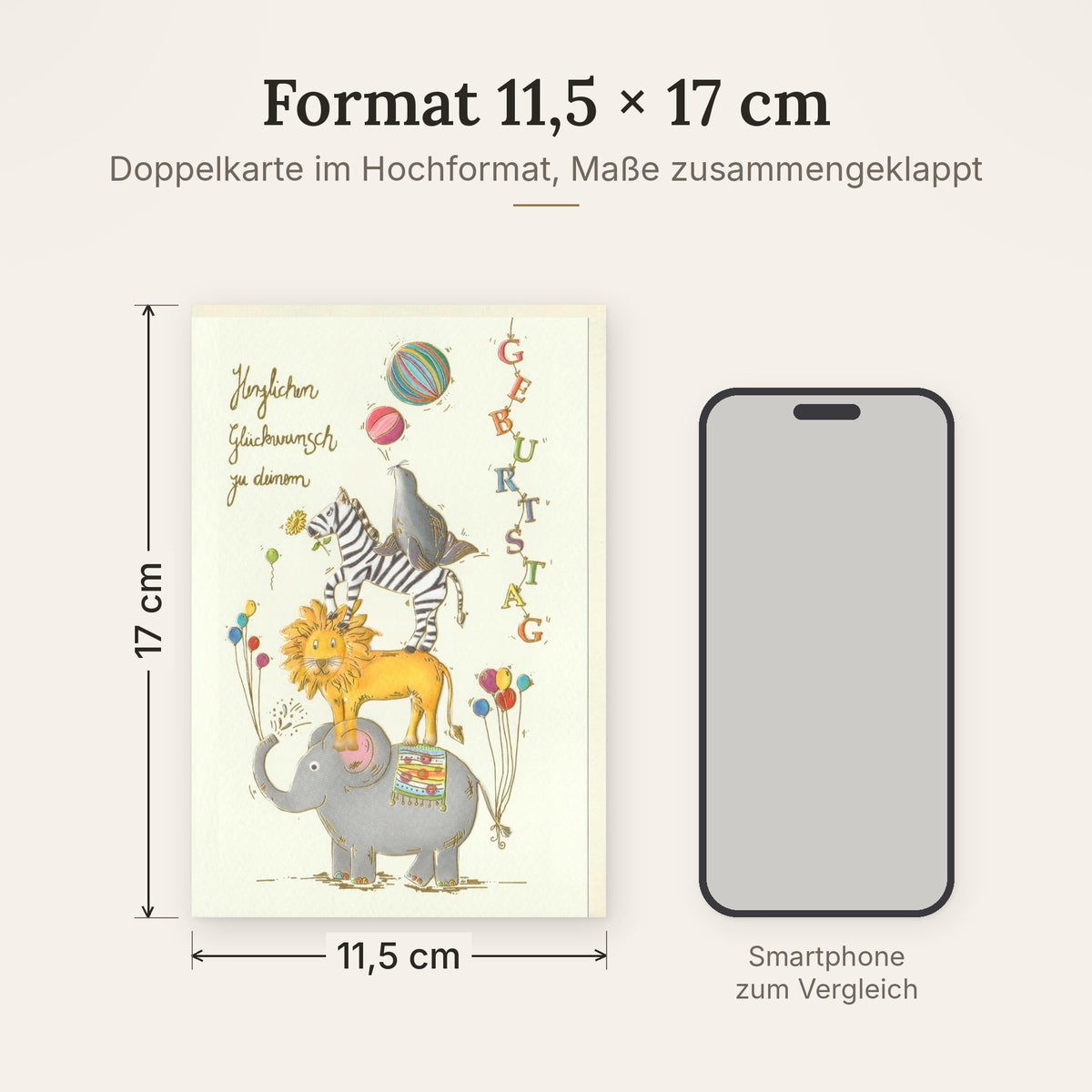 Doppelkarte im Format 11,5 x 17 cm, Größenvergleich mit Smartphone