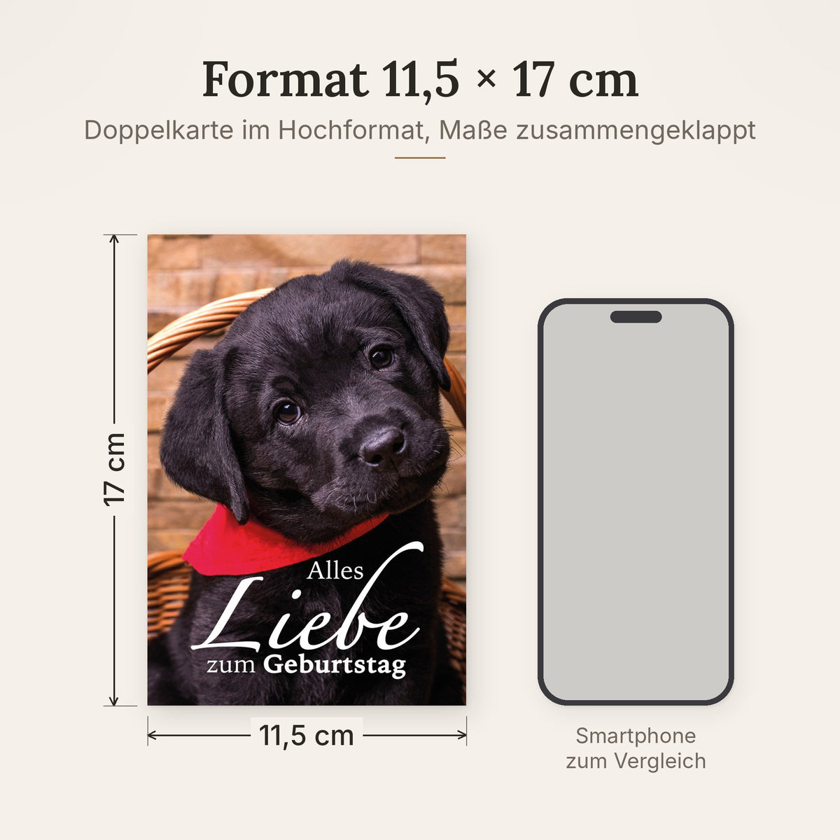 Doppelkarte im Format 11,5 x 17 cm, Größenvergleich mit Smartphone