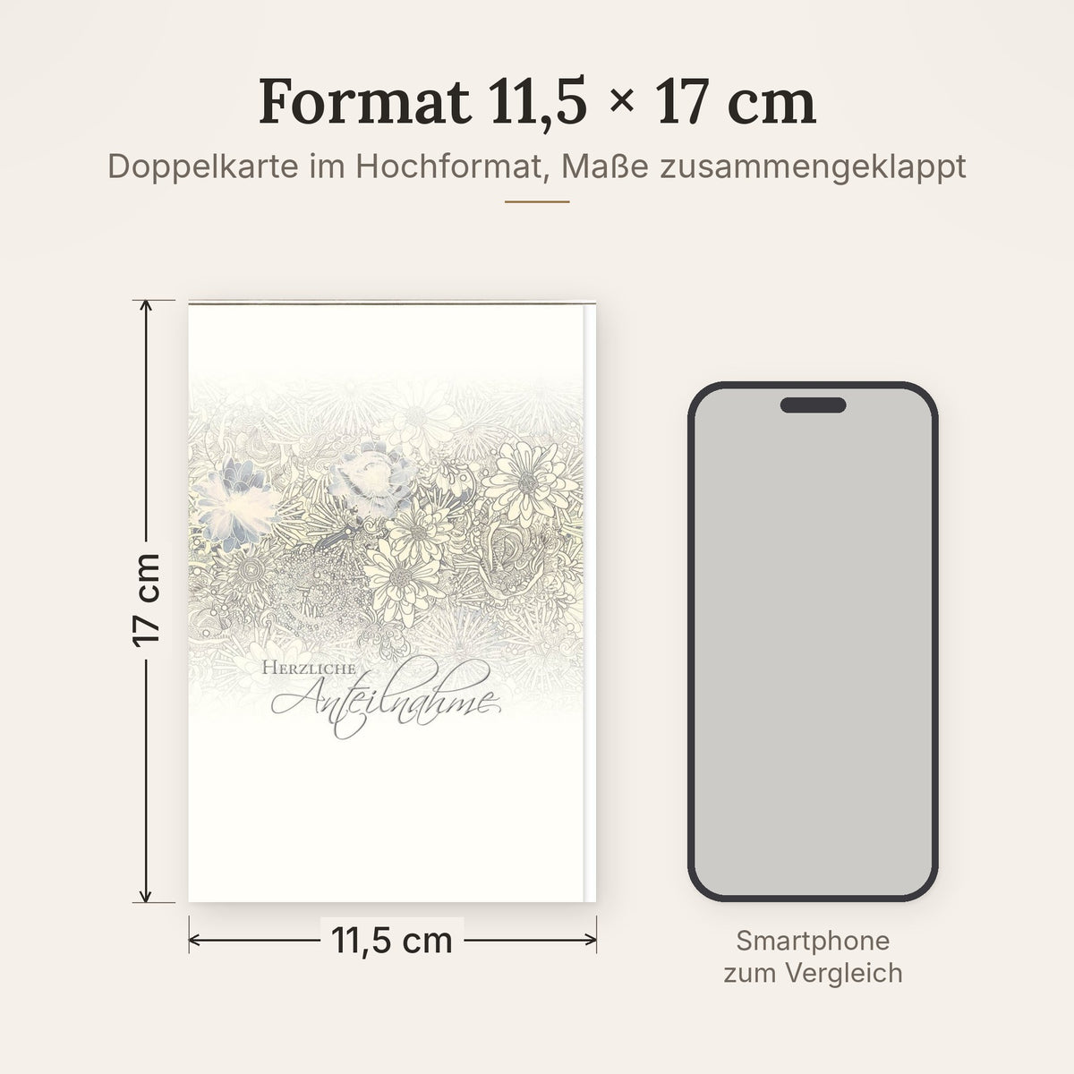 Doppelkarte im Format 11,5 x 17 cm, Größenvergleich mit Smartphone