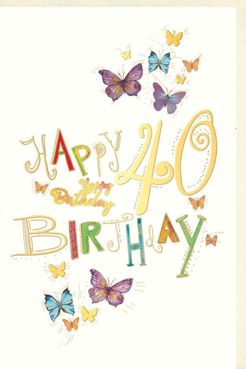 40. Geburtstagskarte - Festliche Schmetterlinge, Bunte Dekoration, Herzliche Glückwünsche