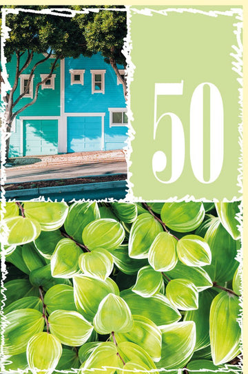 50. Geburtstagskarte - Elegantes Zahlenmotiv mit Häusern & Blättern in Grün - Türkis, Perfekte Geschenkidee für Männer & Frauen