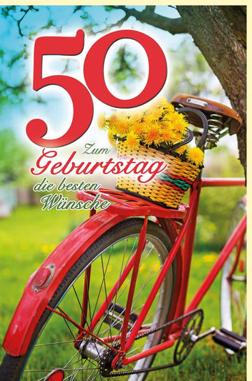 50. Geburtstagskarte - Sommerliche Idylle mit Vintage Fahrrad & Baum, Löwenzahn - Design in Grün, Rot & Gelb für entspannte Glückwünsche