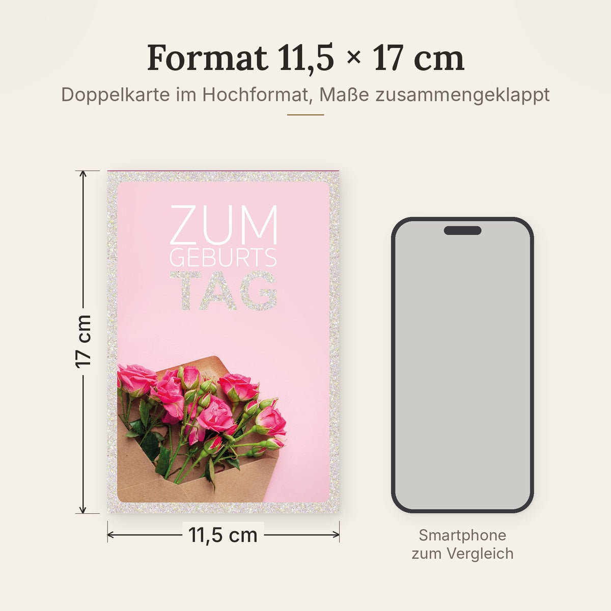 Doppelkarte im Format 11,5 x 17 cm, Größenvergleich mit Smartphone