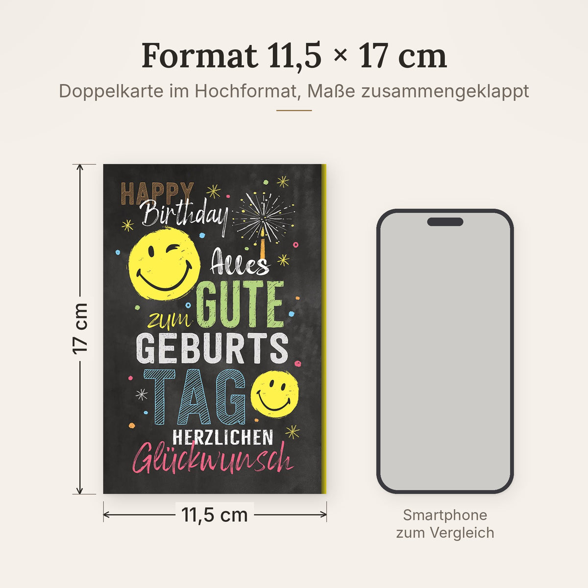 Doppelkarte im Format 11,5 x 17 cm, Größenvergleich mit Smartphone