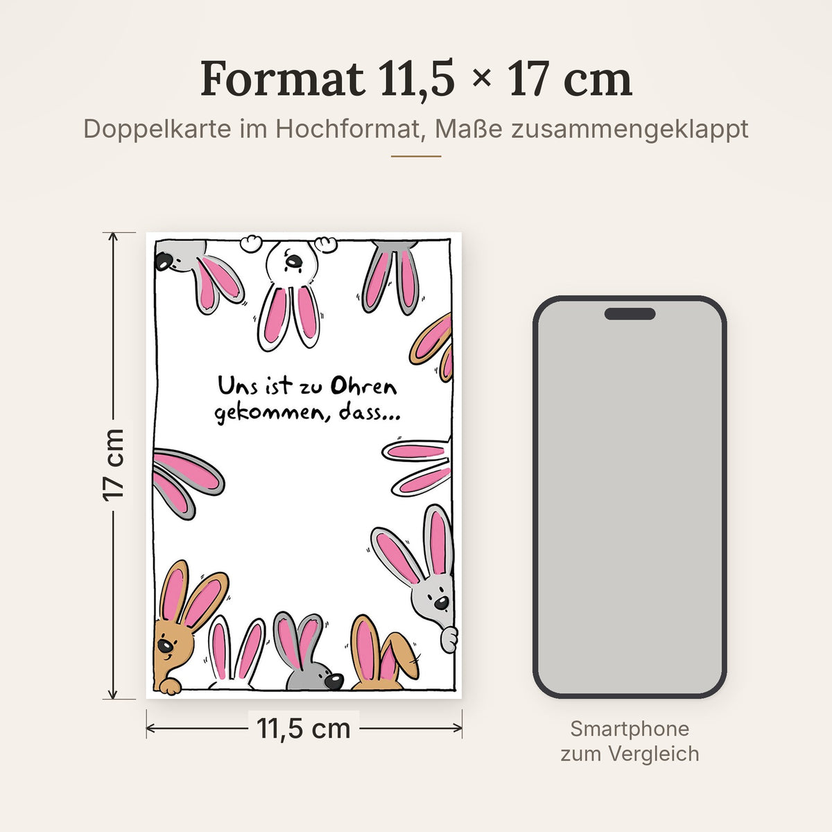 Doppelkarte im Format 11,5 x 17 cm, Größenvergleich mit Smartphone