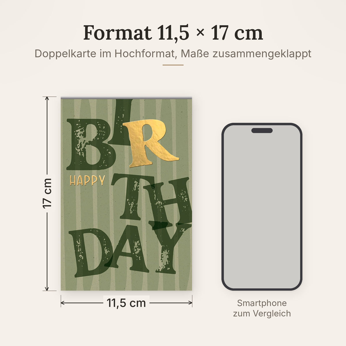 Doppelkarte im Format 11,5 x 17 cm, Größenvergleich mit Smartphone