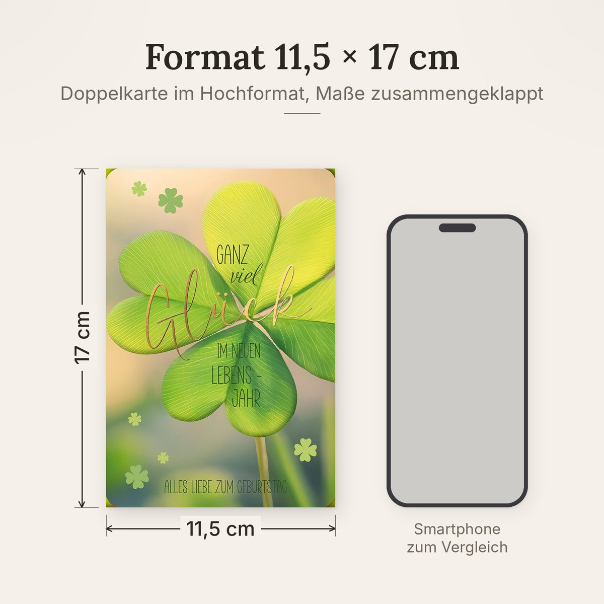Doppelkarte im Format 11,5 x 17 cm, Größenvergleich mit Smartphone