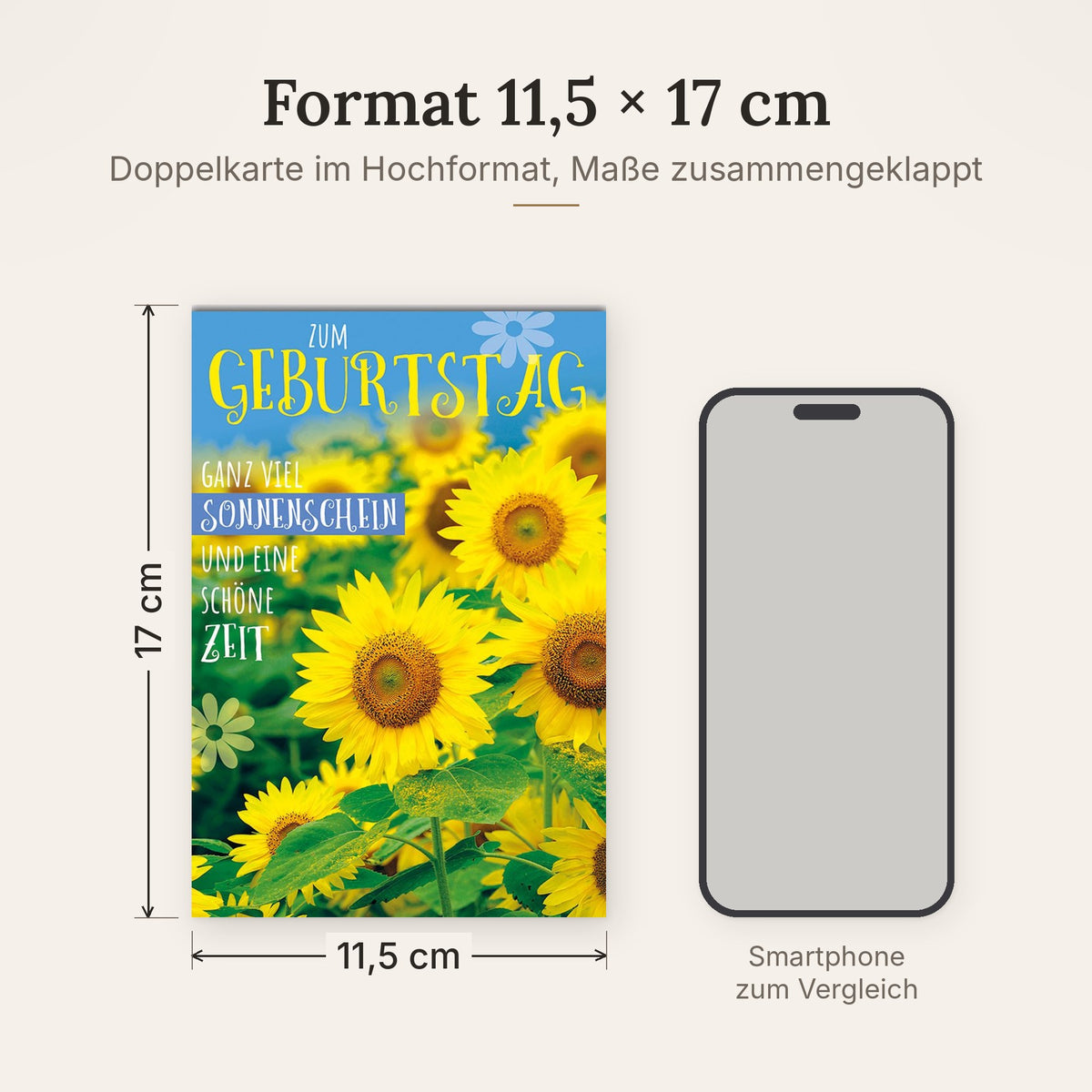 Doppelkarte im Format 11,5 x 17 cm, Größenvergleich mit Smartphone
