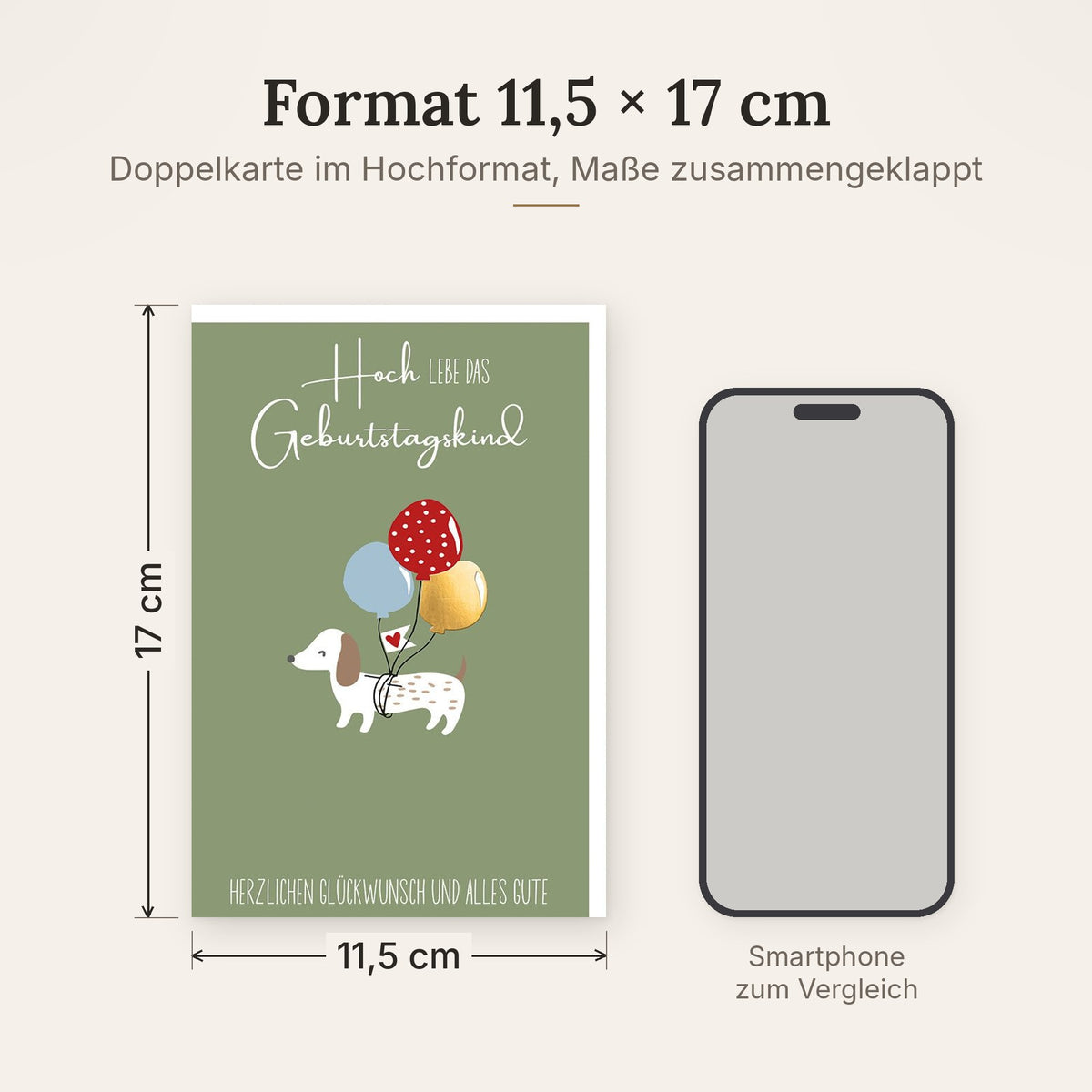 Doppelkarte im Format 11,5 x 17 cm, Größenvergleich mit Smartphone