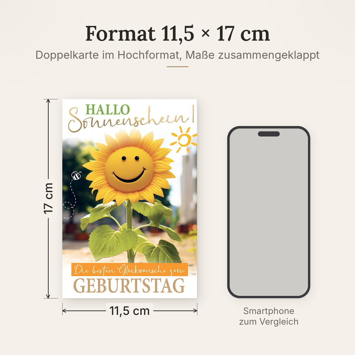 Doppelkarte im Format 11,5 x 17 cm, Größenvergleich mit Smartphone