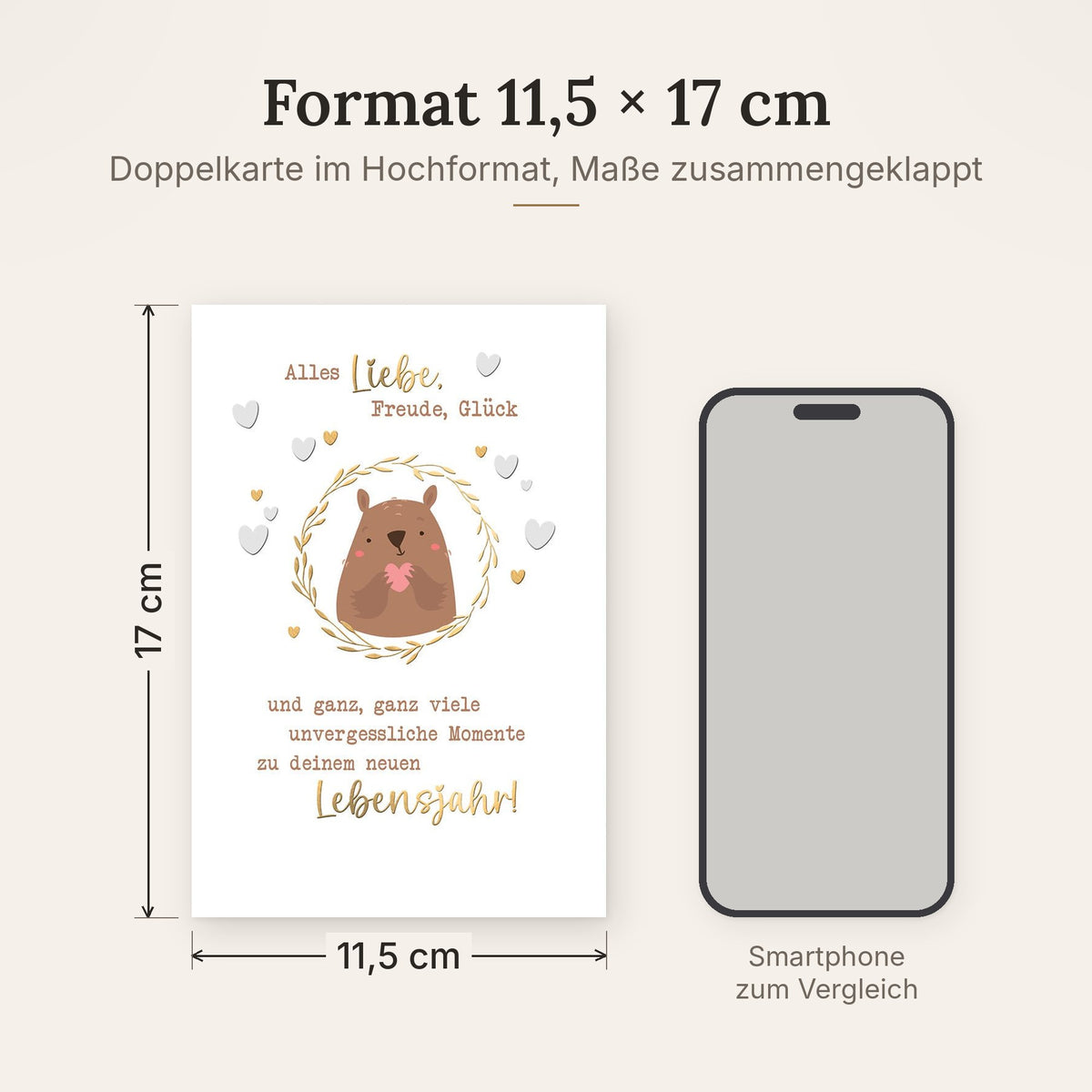 Doppelkarte im Format 11,5 x 17 cm, Größenvergleich mit Smartphone