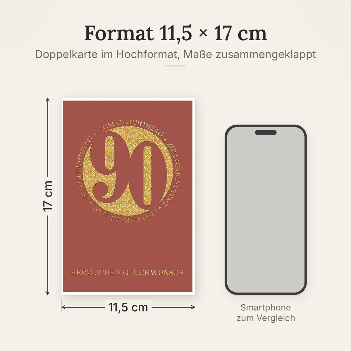 Doppelkarte im Format 11,5 x 17 cm, Größenvergleich mit Smartphone