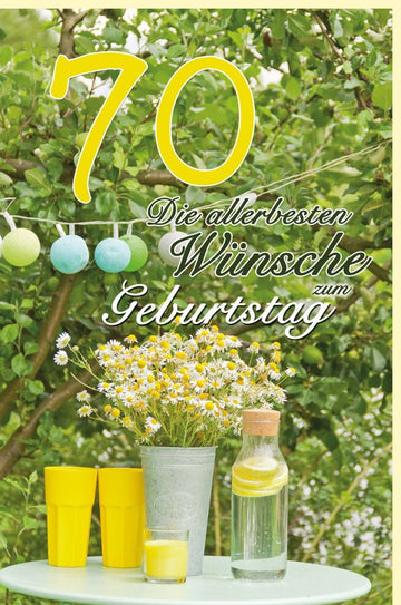 70. Geburtstagskarte - Sommerliches Design mit Zitronen, Lichterkette & Gelben Bechern - Frische Glückwünsche in Grün & Gelb für Seniorenfeier