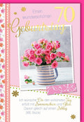 70. Geburtstagskarte: Stilvolle Glückwünsche mit Rosa & Pink Blumen und festlichem Schriftzug