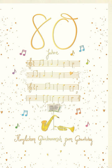 80. Geburtstagskarte - Elegante Musiknoten & Trompete, Goldene Schrift, Klassische Feierlichkeiten