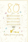 80. Geburtstagskarte - Elegante Musiknoten & Trompete, Goldene Schrift, Klassische Feierlichkeiten