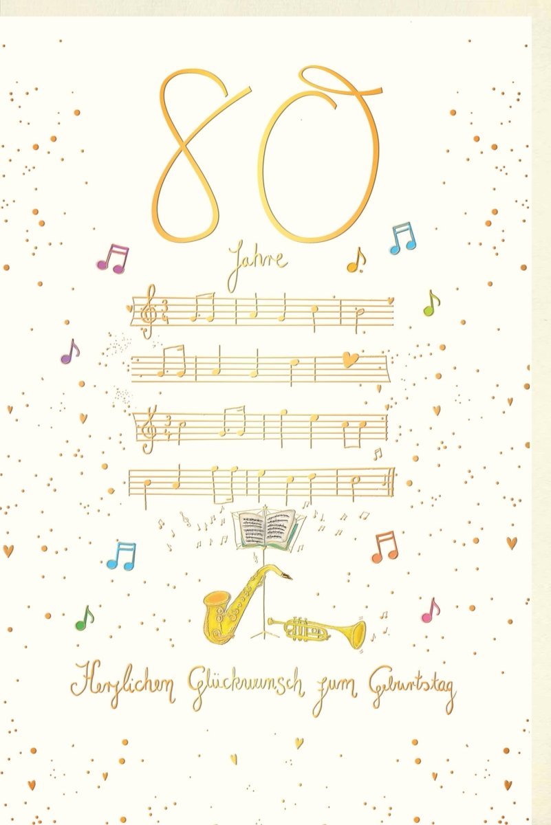 80. Geburtstagskarte - Elegante Musiknoten & Trompete, Goldene Schrift, Klassische Feierlichkeiten