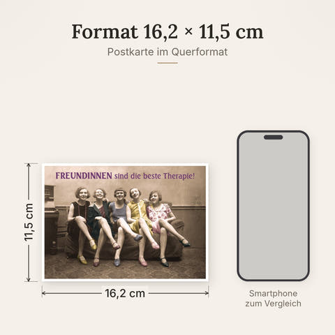 Postkarte im Format 16,2 x 11,5 cm, Größenvergleich mit Smartphone