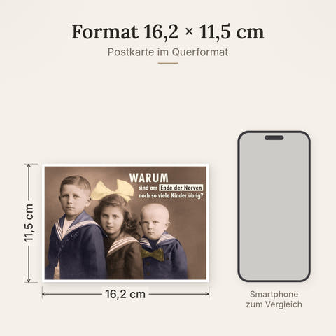 Postkarte im Format 16,2 x 11,5 cm, Größenvergleich mit Smartphone