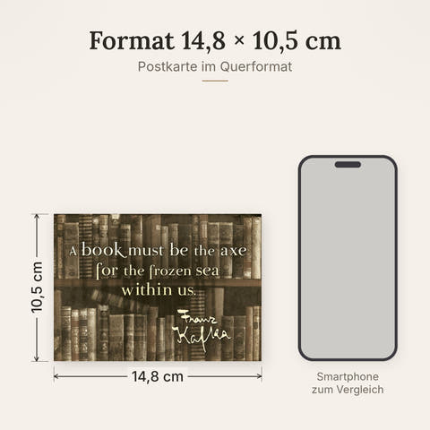 Postkarte im Format 14,8 x 10,5 cm, Größenvergleich mit Smartphone