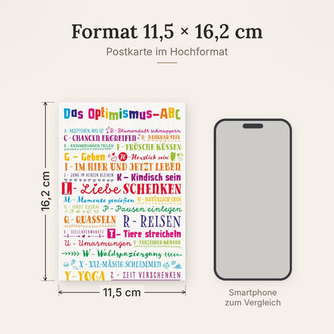 Postkarte im Format 11,5 x 16,2 cm, Größenvergleich mit Smartphone