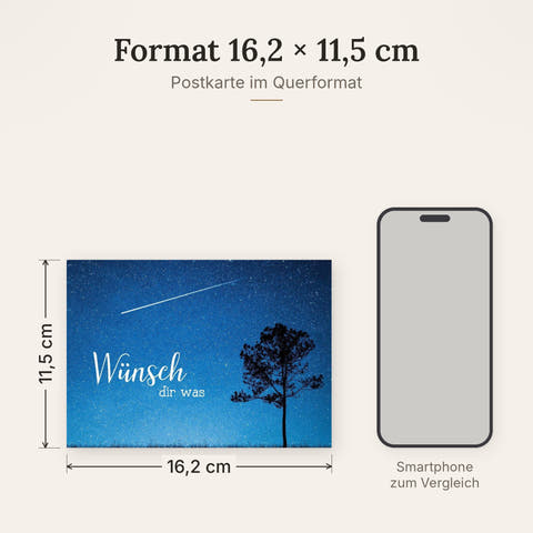 Postkarte im Format 16,2 x 11,5 cm, Größenvergleich mit Smartphone