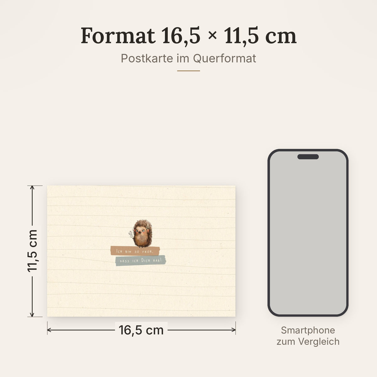 Postkarte im Format 16,5 x 11,5 cm, Größenvergleich mit Smartphone