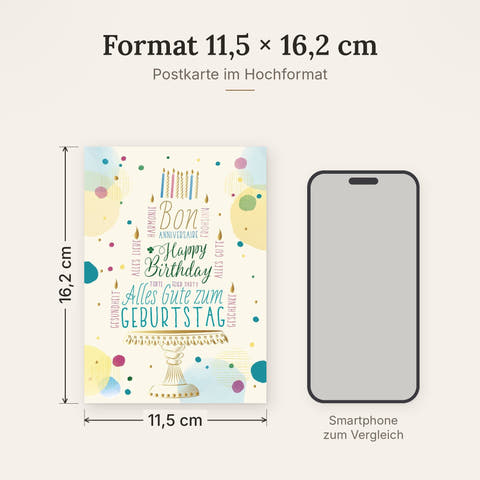 Postkarte im Format 11,5 x 16,2 cm, Größenvergleich mit Smartphone