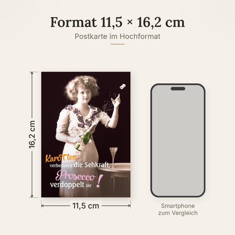 Postkarte im Format 11,5 x 16,2 cm, Größenvergleich mit Smartphone