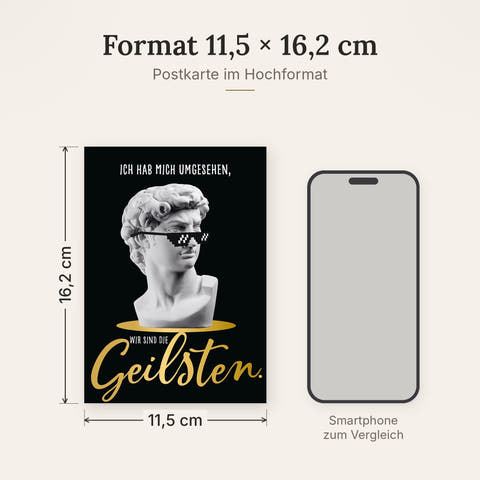 Postkarte im Format 11,5 x 16,2 cm, Größenvergleich mit Smartphone